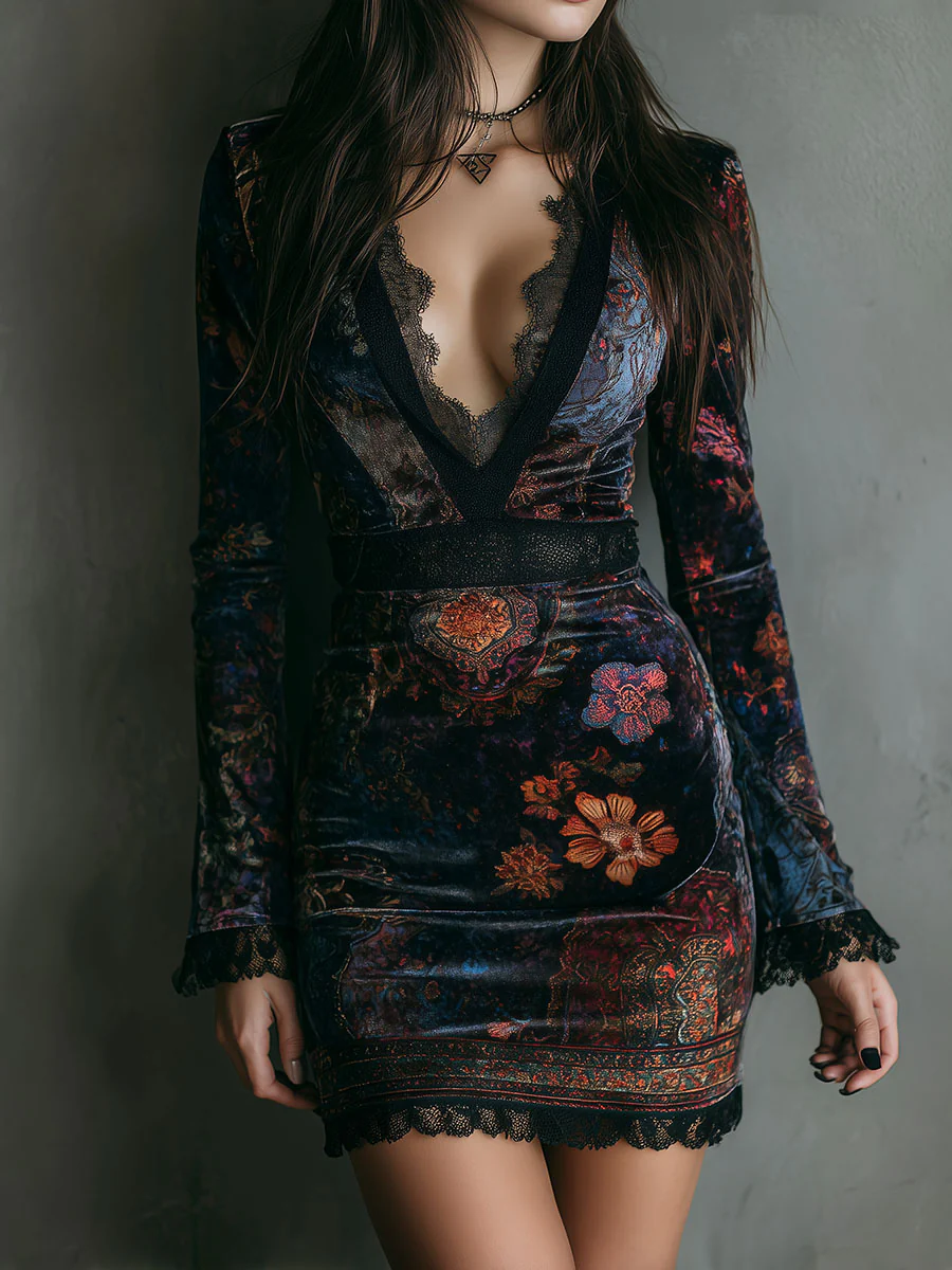Lunori™ | Robe Mini en Velours Floral Sofia