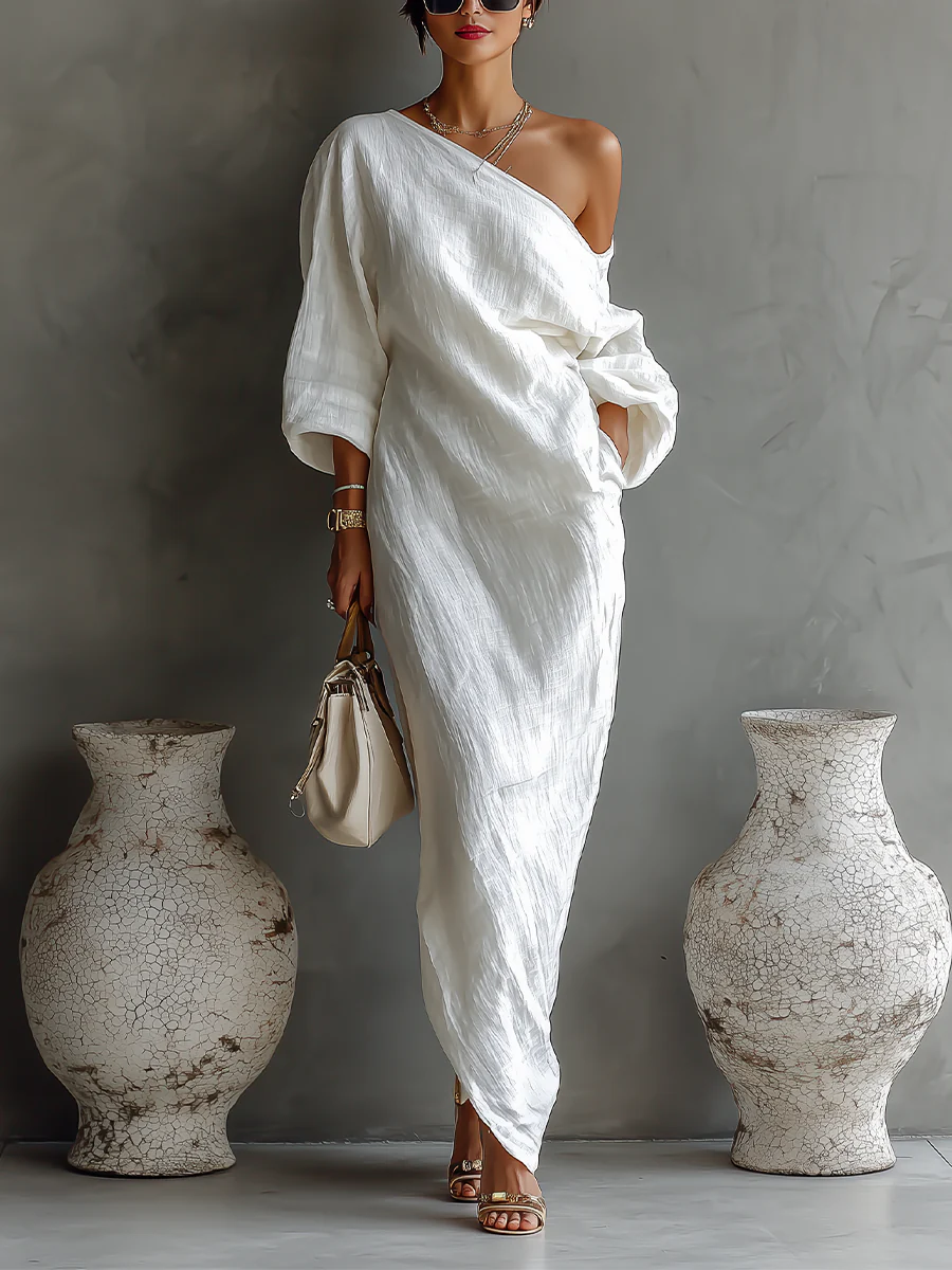 Elise™ | Robe Maxi Élégante à Épaule Dénudée en Blanc