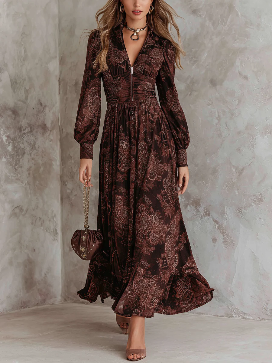 Lunori™ Marlene | Robe Midi Paisley avec Zip au Cou