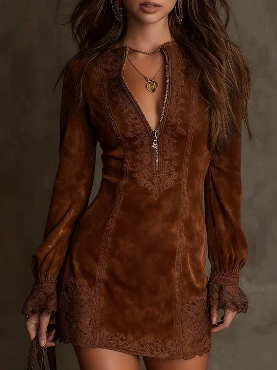 Lunori™ | Robe Mini en Suède Aurora avec Dentelle