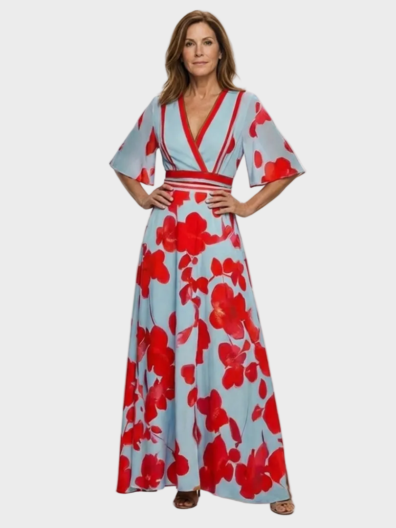 Corinne robe maxi fleurie manches courtes col V femme – style élégant – Aveline Lyon