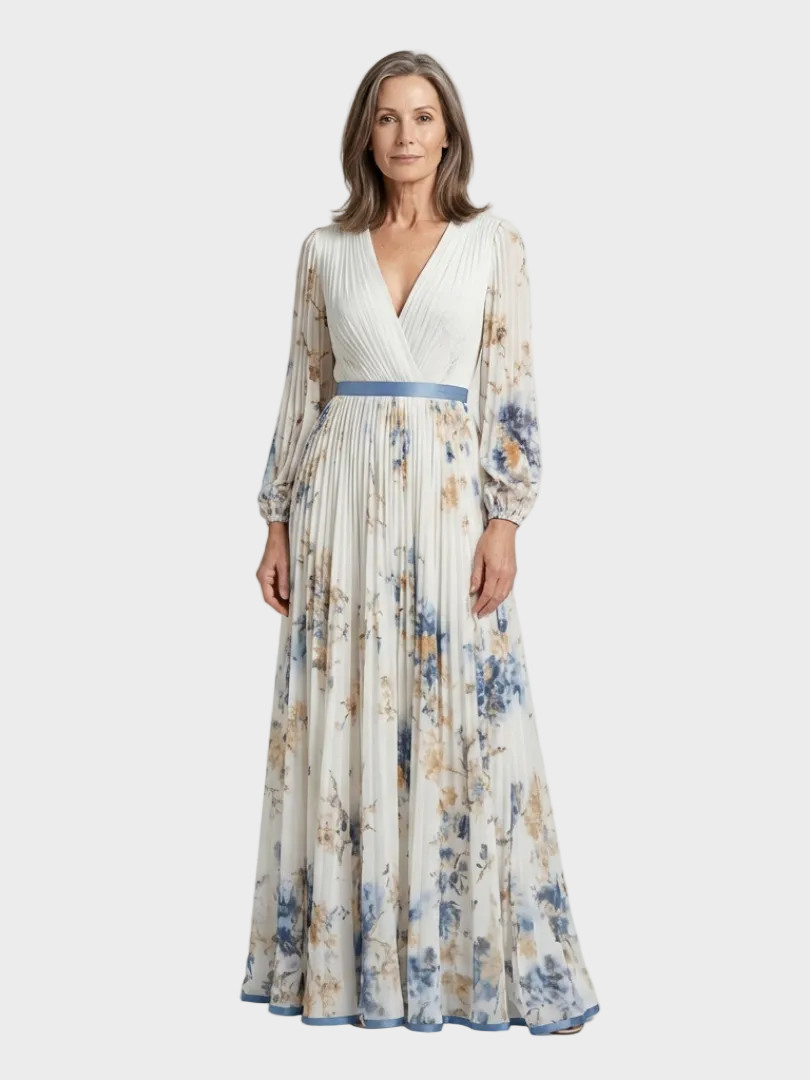 Lavinia robe maxi florale manches longues col V femme – élégance romantique – Aveline Lyon