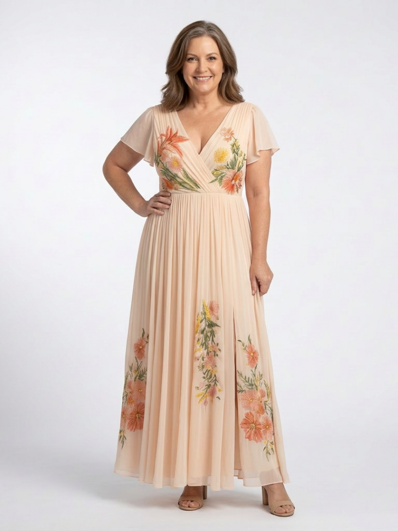 Calista | Robe maxi à fleurs à manches courtes et décolleté en V