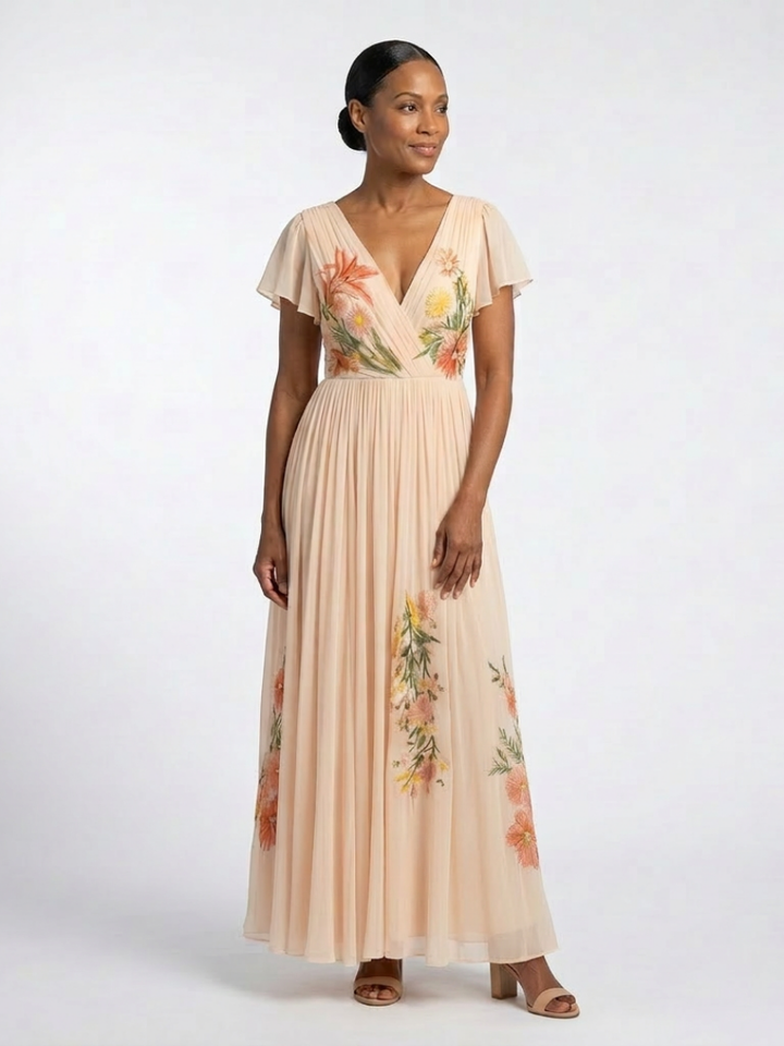 Calista | Robe maxi à fleurs à manches courtes et décolleté en V