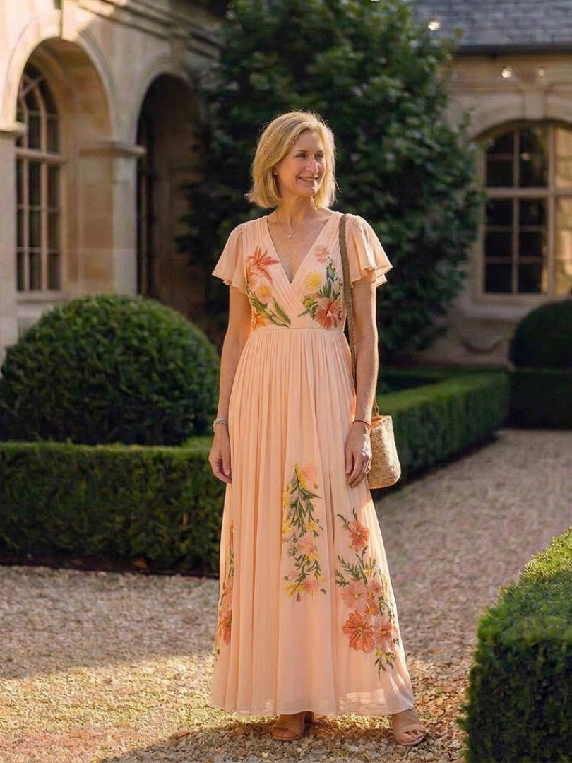 Calista | Robe maxi à fleurs à manches courtes et décolleté en V