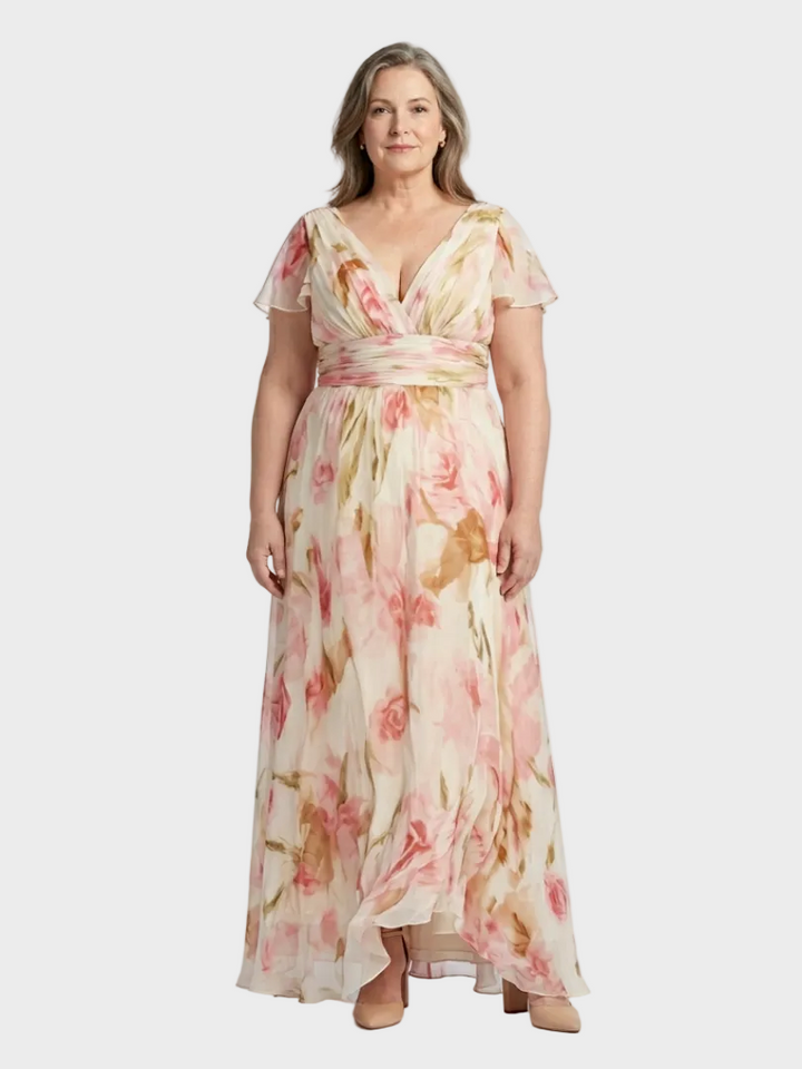Elara robe maxi fleurie col V manches courtes femme – style estival romantique – Aveline Lyon