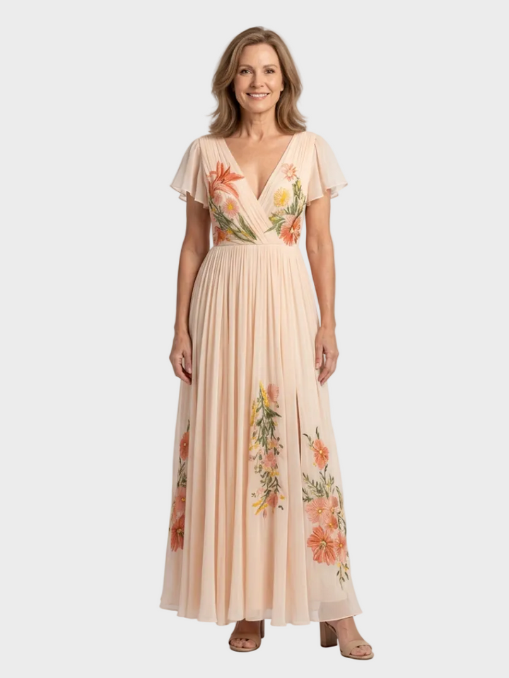 Calista robe maxi fleurie col V femme – style romantique et estival – Aveline Lyon