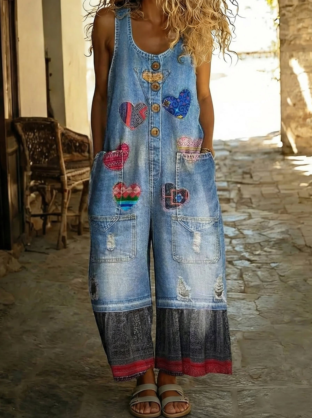 Chloé™ - Salopette en denim avec patchwork cœurs et bord contrasté