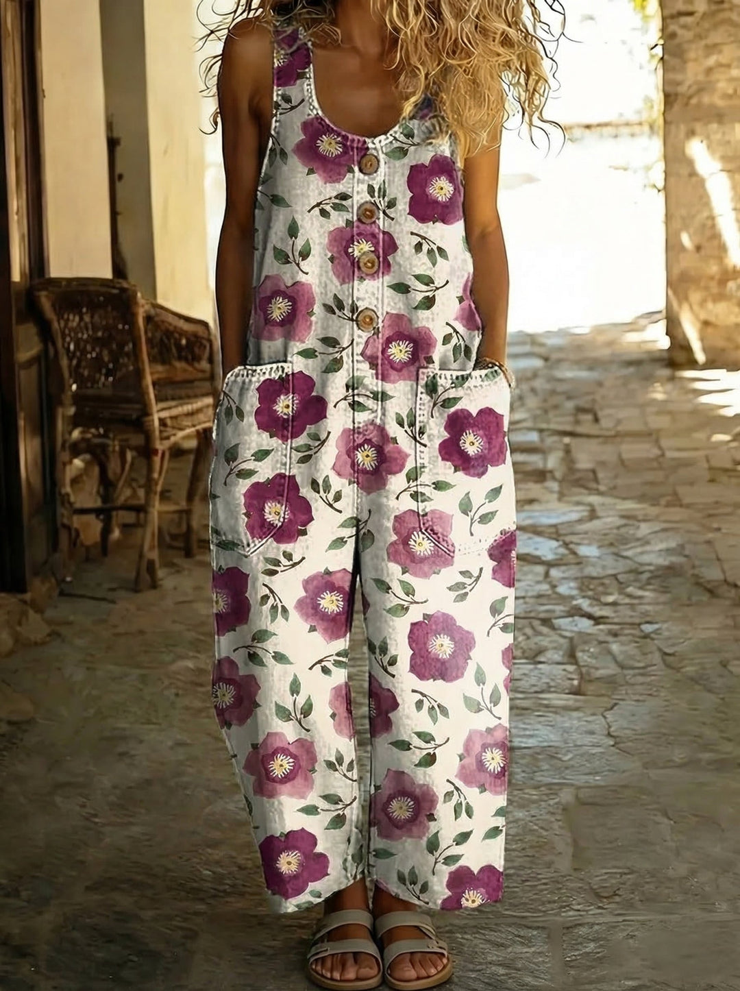 Inès™ - Salopette en denim imprimé floral avec boutons et coupe ample