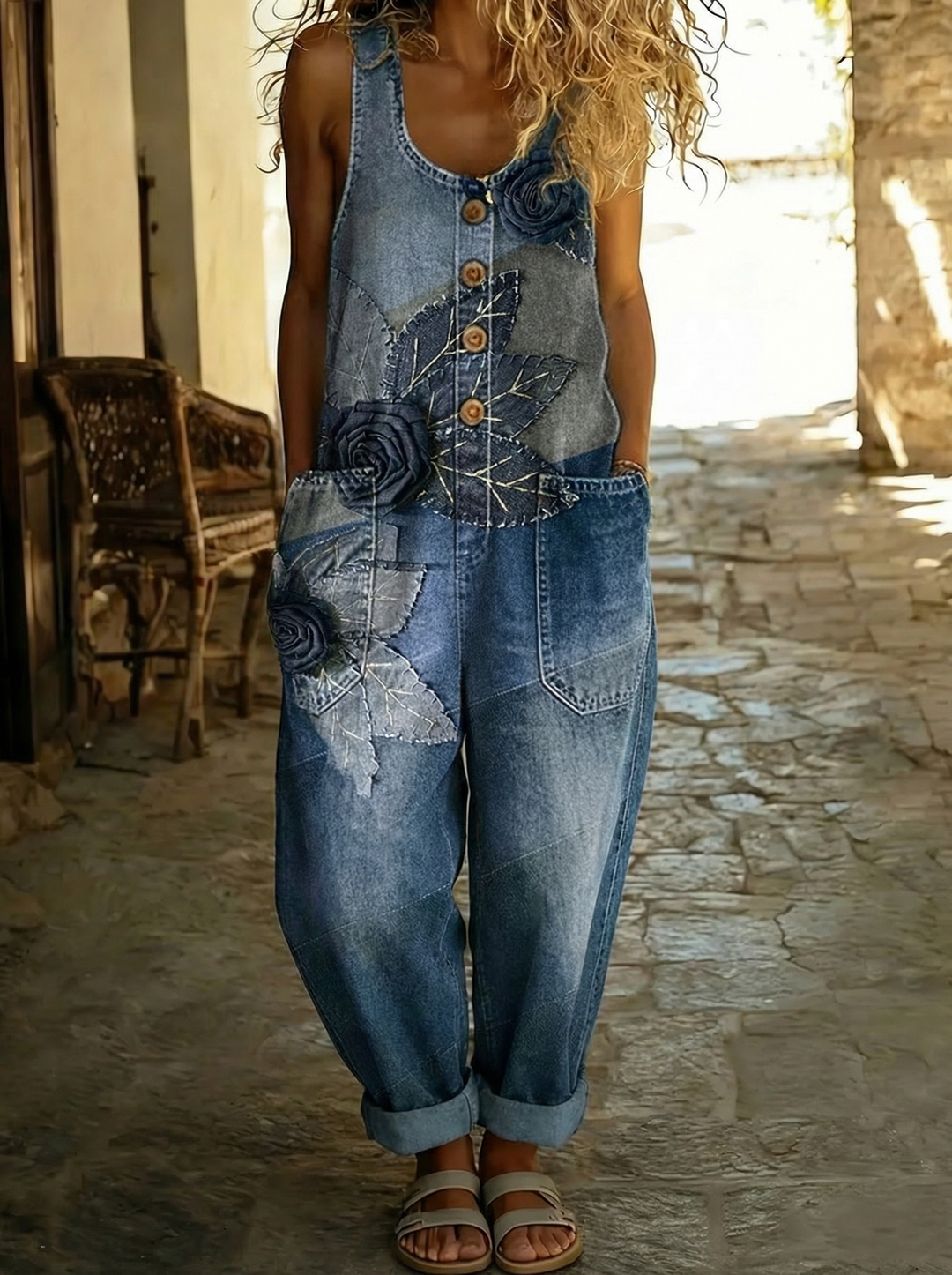 Juliette™ - Salopette en denim avec appliqué roses et feuilles