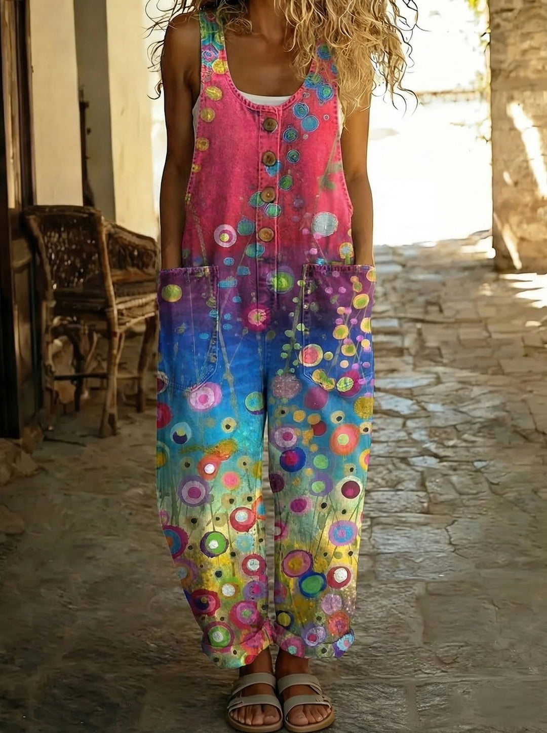 Éloïse™ - Salopette en denim imprimé bulles artistiques et coupe ample