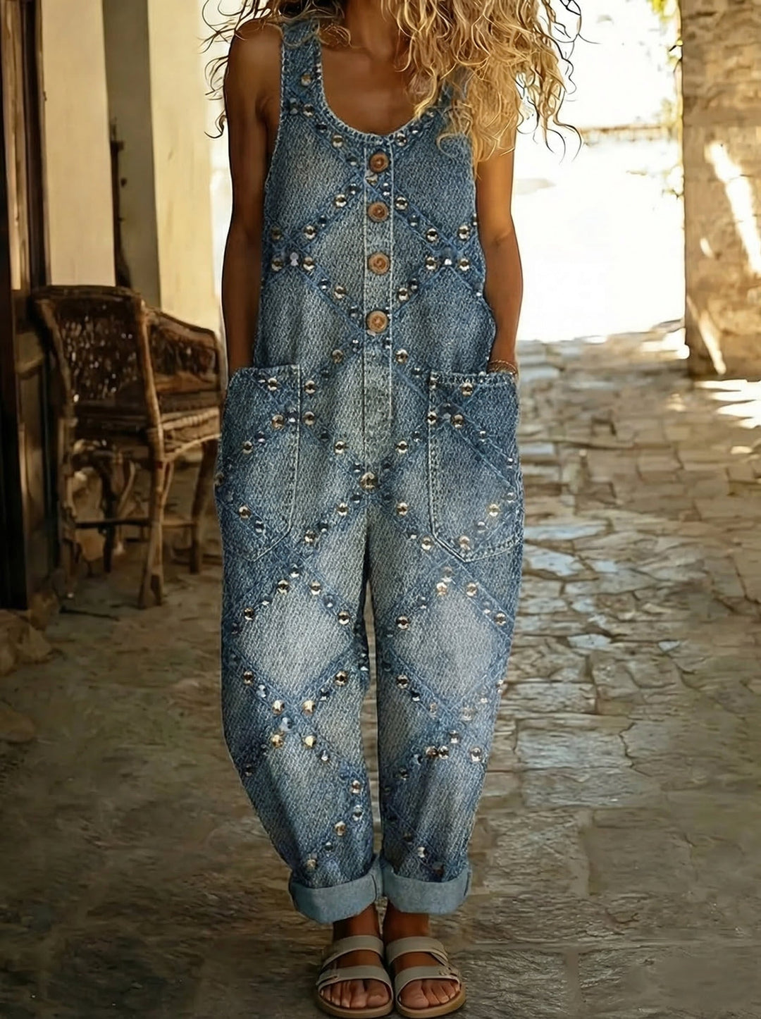 Margaux™ - Salopette en denim matelassé avec clous métalliques et coupe ballon