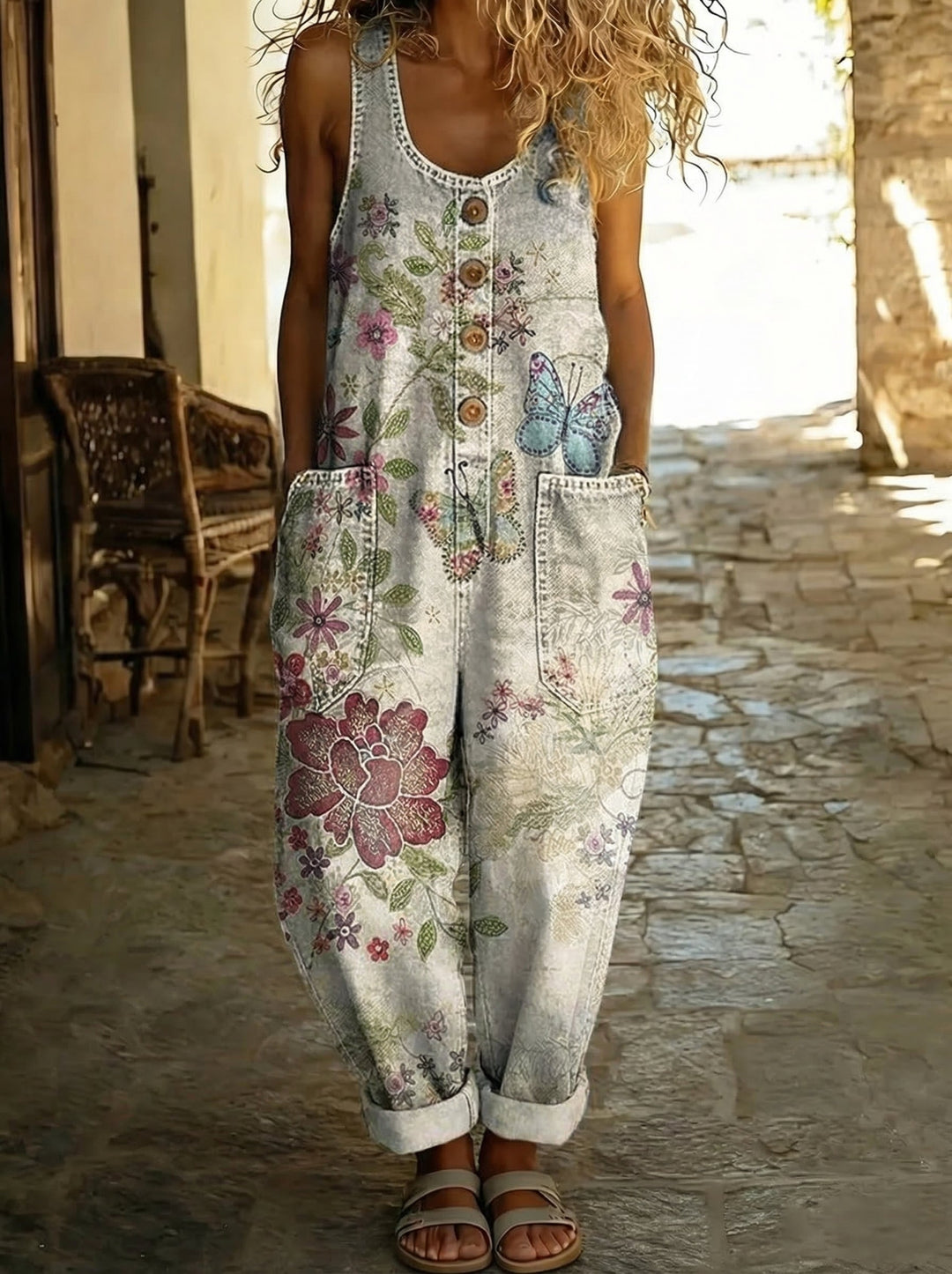 Adèle™ - Salopette en denim imprimé fleurs et papillons avec coupe ballon