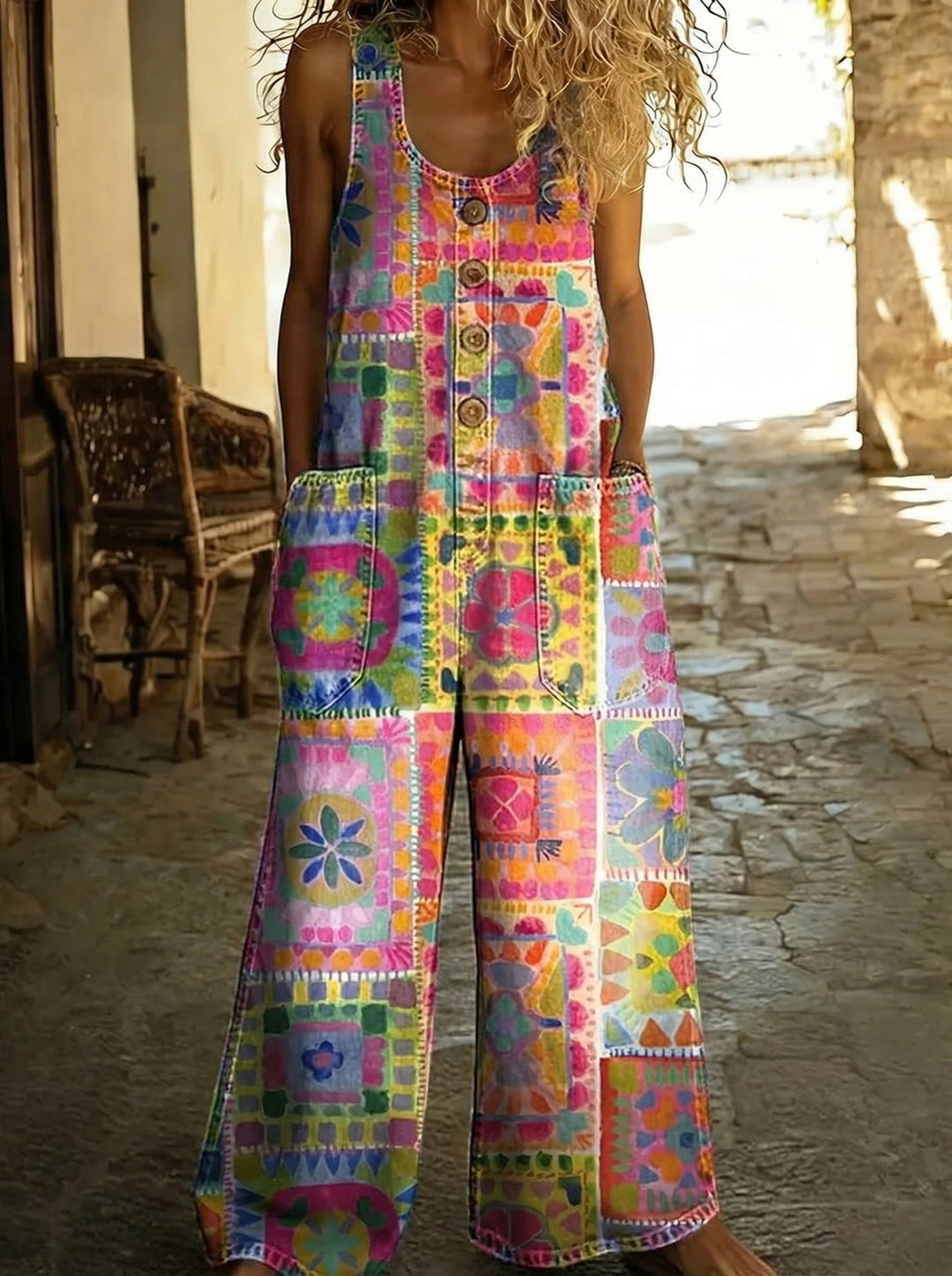 Agathe™ - Salopette en denim imprimé patchwork coloré et coupe large