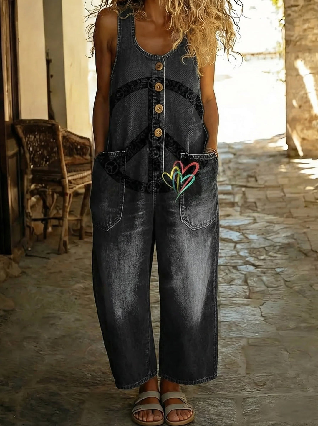 Lilou™ - Salopette en denim imprimé Peace et cœur coloré avec coupe large