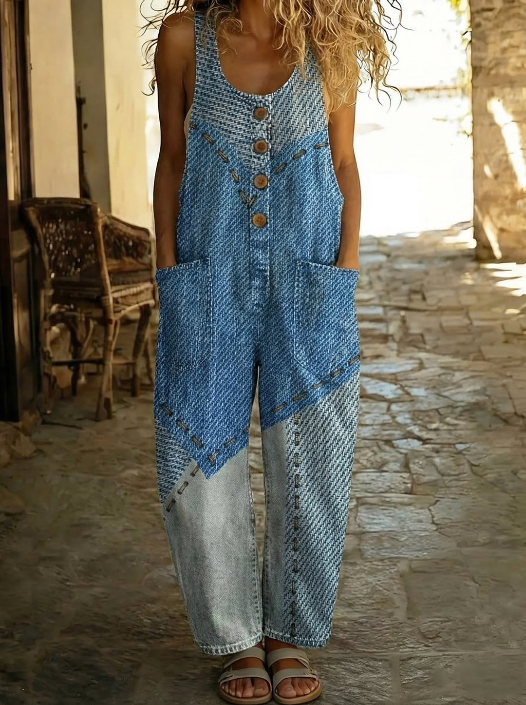 Romane™ - Salopette en denim texturé bicolore avec boutons et coupe large