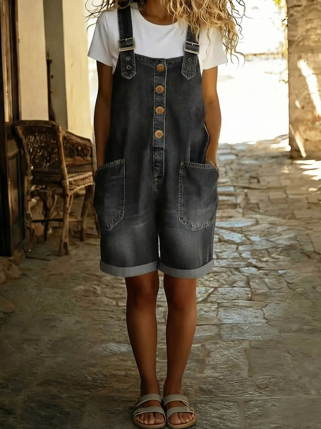 Louise™ - Salopette courte vintage en coton effet denim avec bretelles réglables