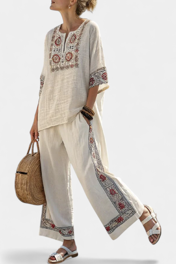 Tameric | Blouse brute brodée sophistiquée & Pantalons larges