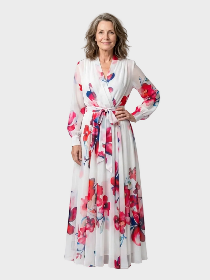 Lillian robe maxi enveloppante florale manches longues femme – style romantique – Aveline Lyon