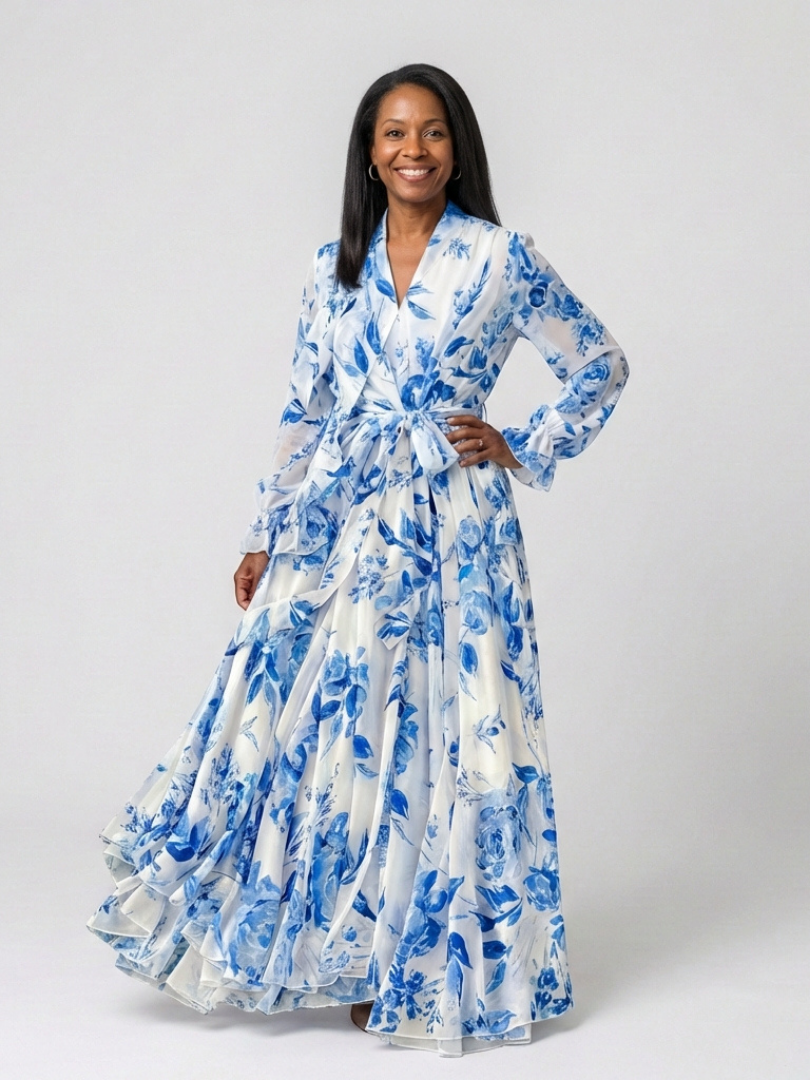 Lillian | Robe Maxi Enveloppante à Manches Longues Florale