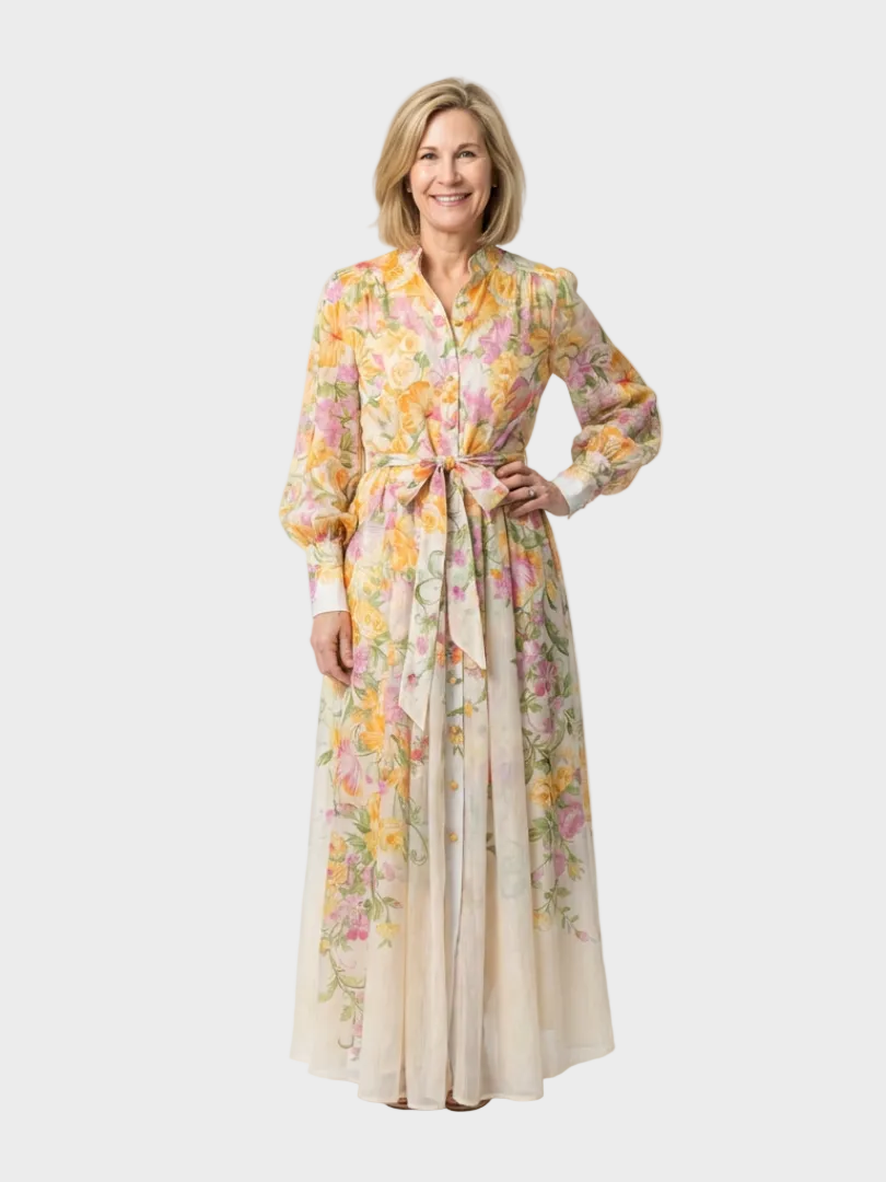 Cressida robe maxi tulle floral manches longues femme – style féérique – Aveline Lyon