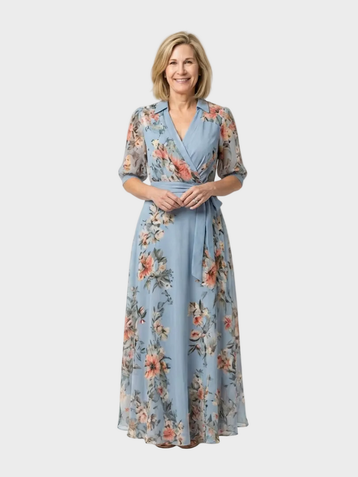 Elowen robe maxi V enveloppante florale femme – style romantique élégant – Aveline Lyon